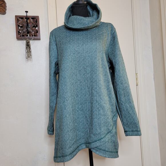 Lands End Cowl Funnel Neck Green Herringbone Fleece Pullover Tunic Sweater✨️L - Picture 1 of 13